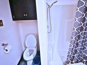 une petite salle de bain avec toilettes et douche dans l'établissement Fort Worth Executive Vacation Studio Nearby Fifa Events Pets by Vacation Your Way, à Fort Worth 19 autres photos