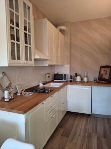 een keuken met witte kasten en een houten vloer bij E R Suite in Cremona +3 foto's