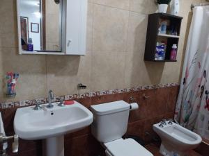 ein Badezimmer mit weißer Toilette und Waschbecken in der Unterkunft Refugio entre el Lago y el Mar in Mar de Cobo + 12 Fotos