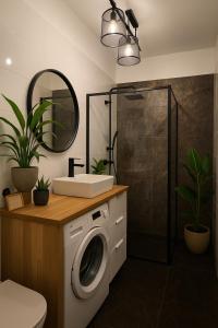 a bathroom with a washing machine and a sink at Apartamenty Homely Place Blisko Starego Rynku - Parking in Poznań