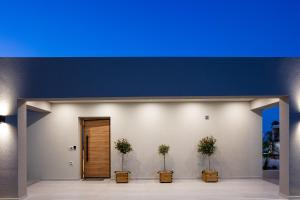 a blue ceiling above a building with two potted plants at Virtus in Mare in Tsivarás +63 photos