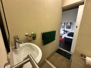 a bathroom with a sink and a mirror at Palm View in White River