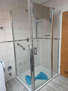 a shower with a glass door in a bathroom at Ferienwohnung Falkensteinblick in Pfronten +16 photos