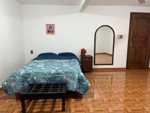a bedroom with a bed and a large mirror at Posada Oasis in Cuetzalán del Progreso