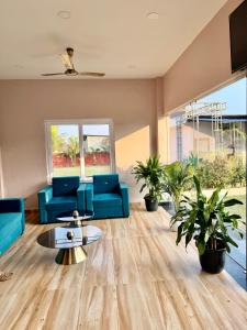Kumar Green Resort في Jāmb: غرفة معيشة مع أثاث أزرق ونباتات الفخار