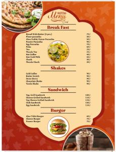 Un menú del nuevo restaurante de comida rápida Menuarsh en Govardhan Seva Sadan govardhan, en Govardhan