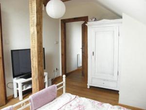 a living room with a bed and a tv at Agroturystyka "Bociek" in Bełk