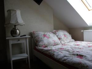 a bedroom with a bed and a lamp on a night stand at Agroturystyka "Bociek" in Bełk