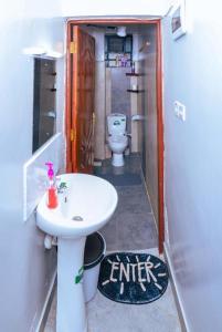 Havana Cottages-Hyrax Deluxe Master في ناكورو: حمام مع حوض ومرحاض