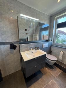 青斯特Haus Shaanti的浴室里有洗手池、马桶和镜子。 更多28张照片