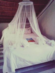 ein weißes Bett mit Baldachin in einem Zimmer in der Unterkunft Posada Valizas in Barra de Valizas