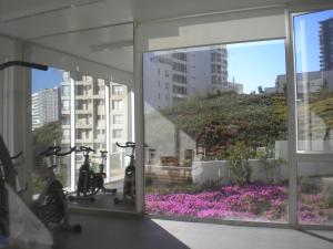 two exercise bikes in a building with purple flowers at Pacific Blue in Concón