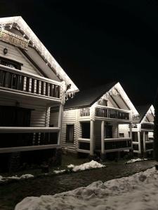 Dos casas con nieve delante de ellas por la noche. en База відпочинку Forest Stream, en Svalyava