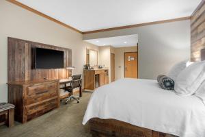 a bedroom with a bed and a desk and a television at Norfolk Lodge & Suites, an Ascend Collection Hotel in Norfolk