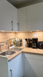 a kitchen with a sink and a counter top at Ferienhaus Drossel am Teutoburgerwald in Lage +11 photos