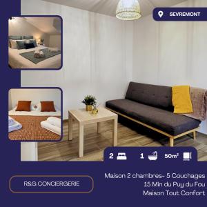 two pictures of a room with a couch and a bed at Logis du Mousquetaire -15min du Parc - by R&G in La Pommeraie-sur-Sèvre +6 photos