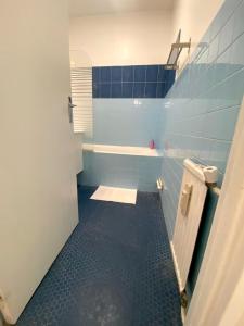 ღ Le Quai - T3 Proche Centre Ville & Gare في دويه: حمام أزرق مع حوض ومرحاض