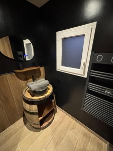 ein Badezimmer mit einem Sessel und einem Spiegel in der Unterkunft La Barrique Champenoise - Studio and Terrasse in Tours-sur-Marne