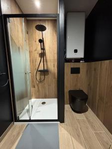 ein Badezimmer mit Glasdusche und WC in der Unterkunft La Barrique Champenoise - Studio and Terrasse in Tours-sur-Marne