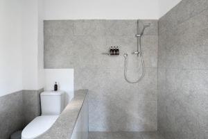 a bathroom with a shower with a toilet and a sink at The Little Vineyard Cottage in Franschhoek +21 photos