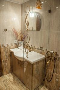een badkamer met een wastafel en een douche bij Мандулова Къща in Koprivshtitsa