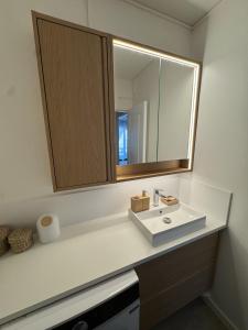 a bathroom with a white sink and a mirror at La parenthèse bleue, loggia et parking in Courseulles-sur-Mer