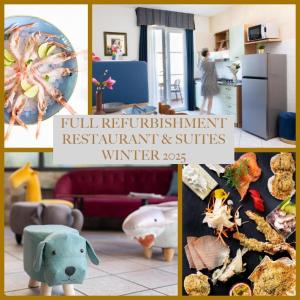 eine Collage aus Bildern einer Küche und eines Wohnzimmers in der Unterkunft Casa Merano Residence & Restaurant Bibione Centro in Bibione