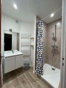 a bathroom with a sink and a shower at Le Studio Louise Pratique & Central in Brides-les-Bains