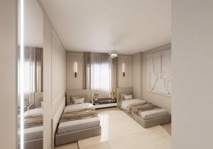 een woonkamer met 2 bedden en een raam bij Havens Apartamen in Durrës