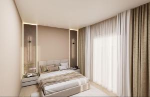 een slaapkamer met een bed en een groot raam bij Havens Apartamen in Durrës