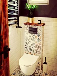 a bathroom with a toilet in a room at Domek w Poleskim Parku in Urszulin +23 photos