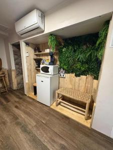 a kitchen with a refrigerator and a green wall at leverest rooms in Marseille