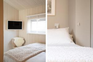 Dos fotografías de un dormitorio con una cama y un televisor. en Waterlodge in Heeg - Relax, sail and enjoy!, en Heeg