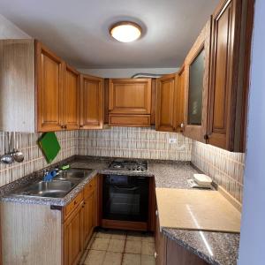 a kitchen with wooden cabinets and a sink at Conveniente, tranquilla con parcheggio in Belluno