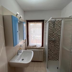 Conveniente, tranquilla con parcheggio في بيلونو: حمام مع حوض ودش +10 صور