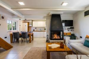 a living room with a couch and a fireplace at Villa with Private Pool & Lake View near Motovun, Casa Mille Olivi Heritage in Buzet