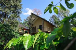a small yellow house with a balcony in the trees at The Rain Tree resort in Kutta