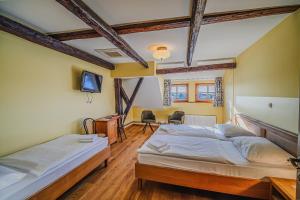 a bedroom with two beds and a flat screen tv at Bed & Breakfast Šilak in Ptuj