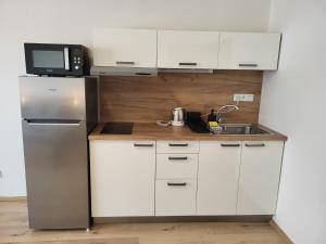 a white kitchen with a refrigerator and a sink at City Center Apartments - Měšťanský dům Minoritská II in Brno