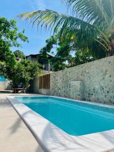 a swimming pool next to a wall with a palm tree at CASINHA FLOR, vila florescer, centro histórico! in Piranhas
