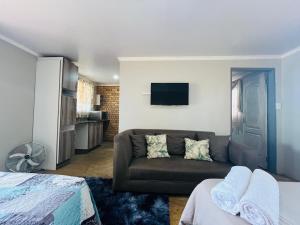 a living room with a couch and a tv at Lavender Lane in Denysville