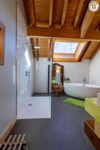 ラ・フェクラにあるLe chalet du lysの浴槽とシャワー付きの広いバスルーム