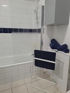 Meublé du centre في نيديربرون ليه باينس: حمام مع دش مع منشفة زرقاء