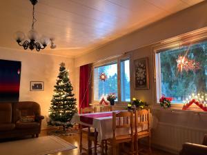 a living room with a christmas tree in the window at Simojärvi Lake House - 1h 20m from Rovaniemi City - Omakotitalo Simojärvellä in Ranua