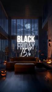 Ein Wohnzimmer mit einem Black-Friday-Schild im Fenster in der Unterkunft THE DOMI Apartments in Durrës