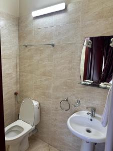 a bathroom with a toilet and a sink and a mirror at Sunrise Hotel in Adjud