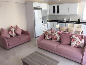 アクブクにあるEge Yildizi Holiday Homesのリビングルーム(ピンクのソファ2台付)、キッチンが備わります。