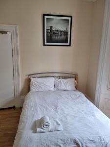 Un animal blanco está acostado en una cama. en Private Room, Sunderland City, en Sunderland 9 fotos más