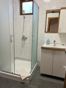 a bathroom with a shower and a sink at Kormorán Vendégház in Matty +23 photos