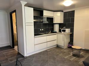 a small kitchen with white cabinets and a microwave at Charmant studio avec terrasse in Aiguebelle